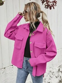 Flap Pocket Drop Shoulder Overcoat - Baby Pink - View 4