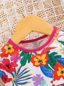 SHEIN 寶寶女孩休閒植物紋短袖上衣彈性腰帶彩色拼接褲套裝 - 綠色 - 查看 4