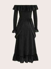 ROMWE PUNK Off Shoulder Thùa khuyết Viền Ruffle tay áo lá sen Đầm - màu nâu - Xem 2