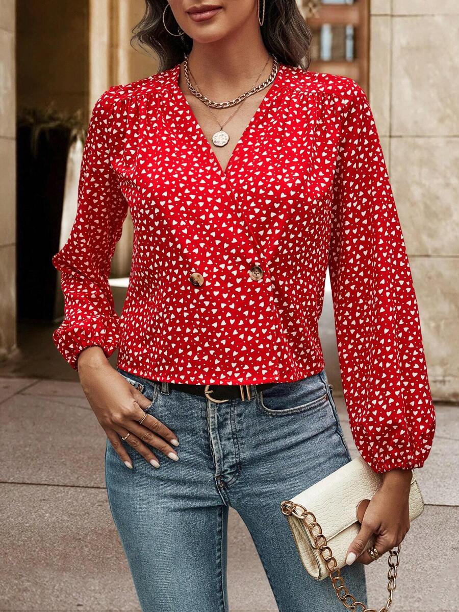EMERY ROSE Của phụ nữ Toàn thân In hình trái tim Bọc Áo sơ mi - Đỏ - Xem 1