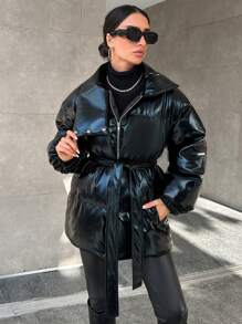 EURMUSE 立領垂肩袖棉墊外套 - 黑色 - 查看 5