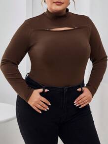 SHEIN Essnce Plus Size Tee With Double-ended Zipper Design - Brown - View 4