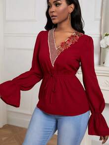 SHEIN LUNE Vá lại Thêu Vòng cổ Hoa Áo sơ mi - Đỏ - Xem 6