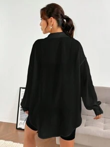 SHEIN EZwear 女款純色系扣落肩襯衫 - 黑色 - 查看 2