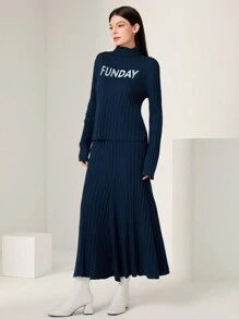 Seusyu 女士高領毛衣兩件套,印有字母圖案 - 水鴨藍 - 查看 4