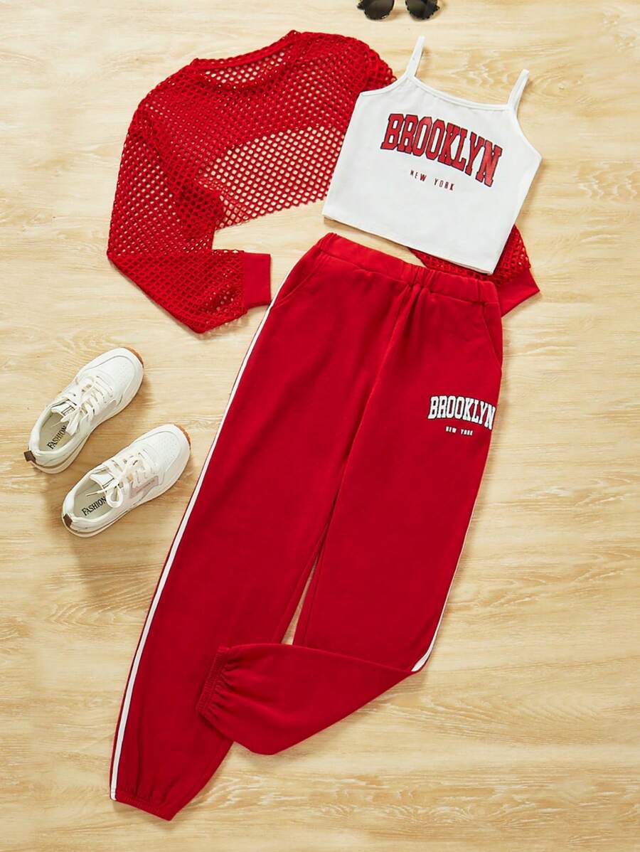少女网眼罩衫、字母印花吊带背心和慢跑裤休闲 3 件套毕业服装 - 紅色 - 查看 1