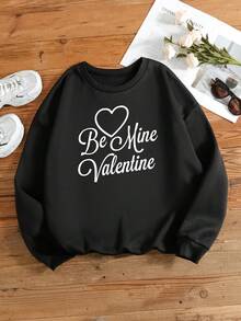 SHEIN EZwear 女士加大尺碼字母和心形印花毛絨衛衣 - 黑色 - 查看 3