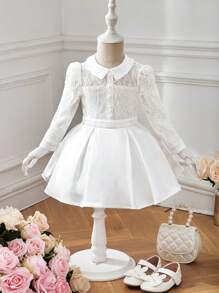 SHEIN Baby Girls' Elegant Lace Spliced Satin Long Sleeve Peter Pan Collar Dress Party Outfit - White - View 8