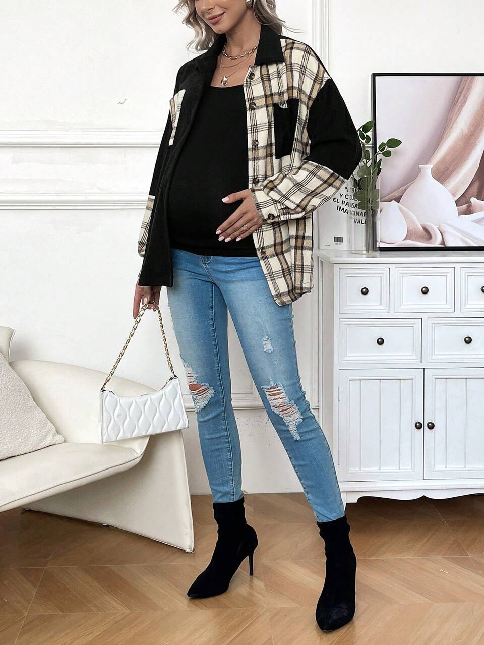 Maternity Plaid Patchwork Shirt Style Coat