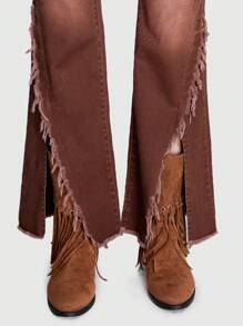 ROMWE Hippie 女士磨邊開叉喇叭牛仔褲 - 咖啡棕 - 查看 4