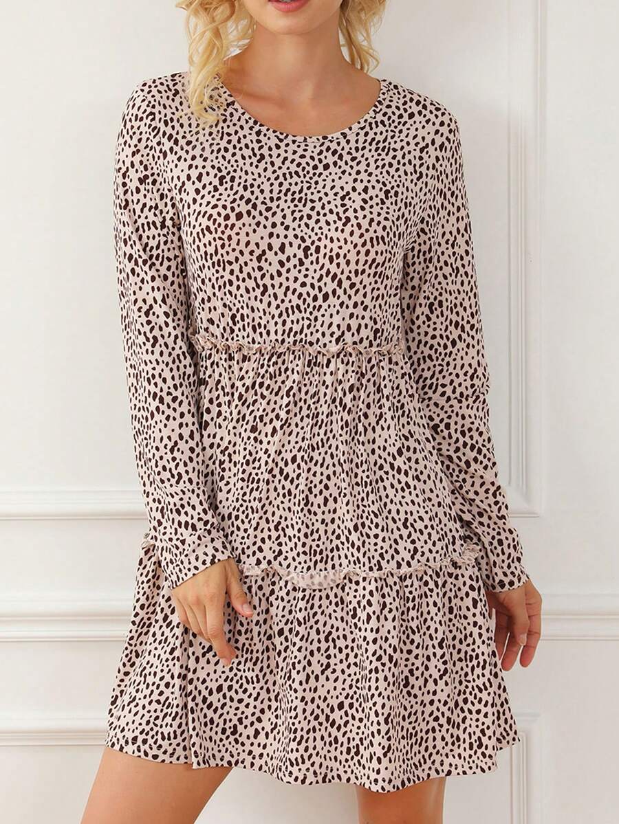 Vestido Largo De Manga Larga Con Cintura Plisada Y Estampado De Leopardo Con Volantes - Blanco - Ver 1