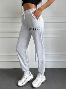 EURMUSE Đồ họa Chữ cái Eo dây rút Quần thể thao - Màu Xám nhạt - Xem 4