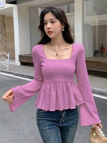 DAZY 純色收腰長袖t卹 - 粉色 - 查看 3