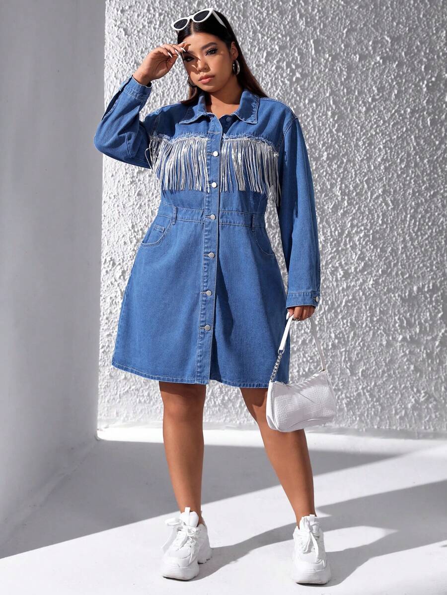 SHEIN ICON 大尺碼女性牛仔襯衫領連身裙,帶流蘇裝飾 - 中等水洗藍 - 查看 1