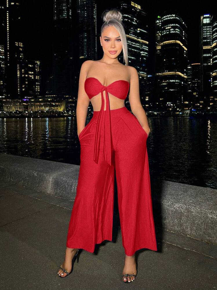 SHEIN SXY 2pcs/set Knot Front Strapless Top And Wide Leg Pants