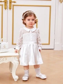 SHEIN Baby Girls' Elegant Lace Spliced Satin Long Sleeve Peter Pan Collar Dress Party Outfit - White - View 3
