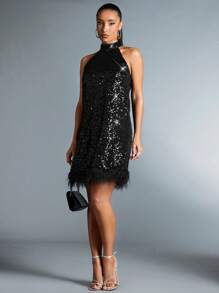 SHEIN BAE Của phụ nữ Frayed Hem Lấp lánh Halter Neck Đầm - màu đen - Xem 4