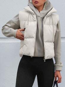 EURMUSE Drawstring Detail Zipper Vest Puffer Coat - Beige - View 1