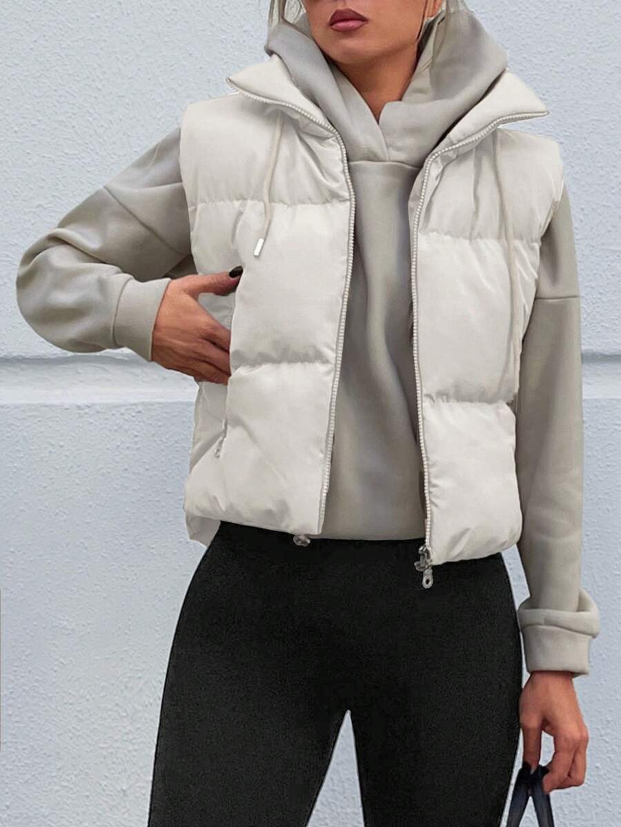 EURMUSE Drawstring Detail Zipper Vest Puffer Coat - Beige - View 1