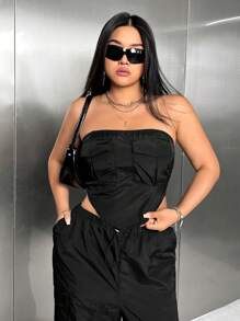 SHEIN ICON Conjunto De Calça E Top Sem Alças De Cor Sólida Plus Size - Preto - Visão 2