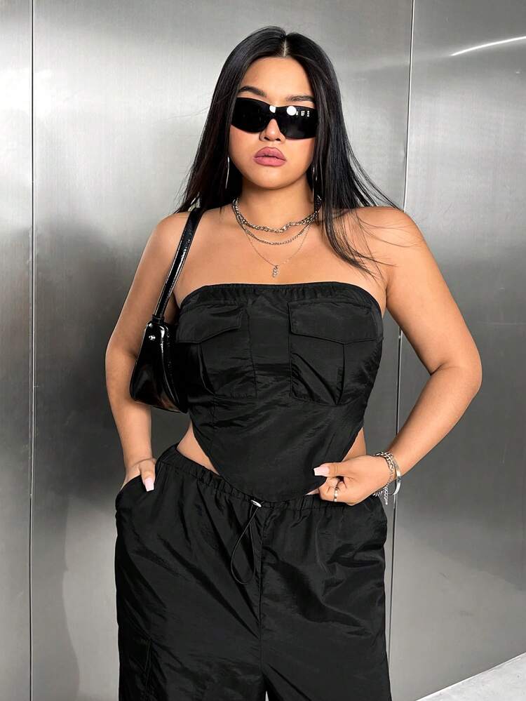Plus Size Solid Color Strapless Top And Pants Set