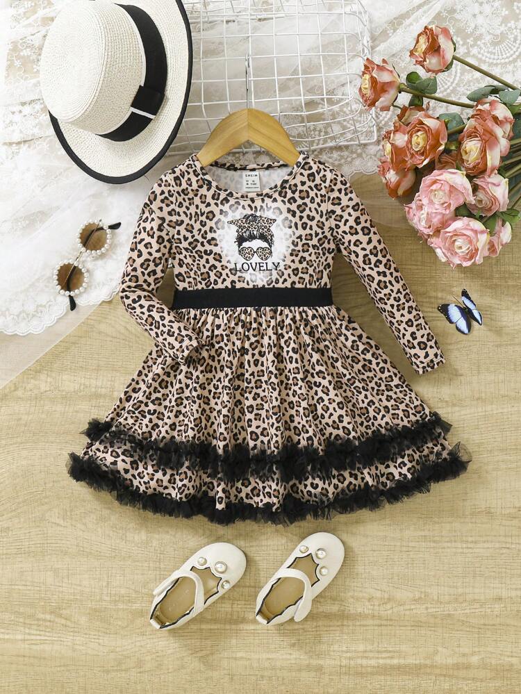 Baby Girl Leopard & Letter Graphic Contrast Lace Ruffle Hem Dress