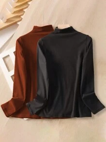 SHEIN Unity Plus Size Black & Camel Color Casual Warm Base Layer T-Shirt, Autumn/Winter - Multicolor - View 2