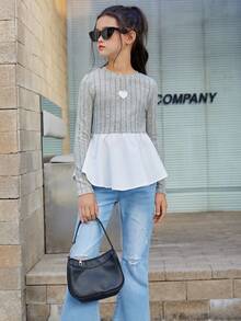 Tween Girls' Casual Round Neck Color Block & Patchwork Long Sleeve T-Shirt - Multicolor - View 5