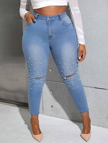 SHEIN Essnce Jeans Ajustados Con Cuentas De Talla Grande Para Mujeres - Azul lavado medio - Ver 6