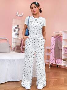 SHEIN EZwear Women's Floral Print Overalls Jumpsuit - White - View 4