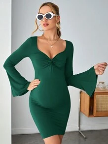 SHEIN Thai sản Màu thuần Người yêu Đường viền cổ áo Mặt trước xoắn Tay áo xù Váy bodycon - xanh quân đội - Xem 1