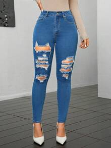 SHEIN Essnce Của phụ nữ Gầy Quần jean rách Với Nghiêng Túi - Rửa nhẹ - Xem 3