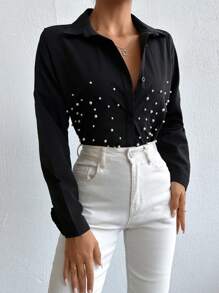 RueChic Loose-fitting Casual Shirt With Beaded Drop Shoulder Sleeve Detail - Black - View 7