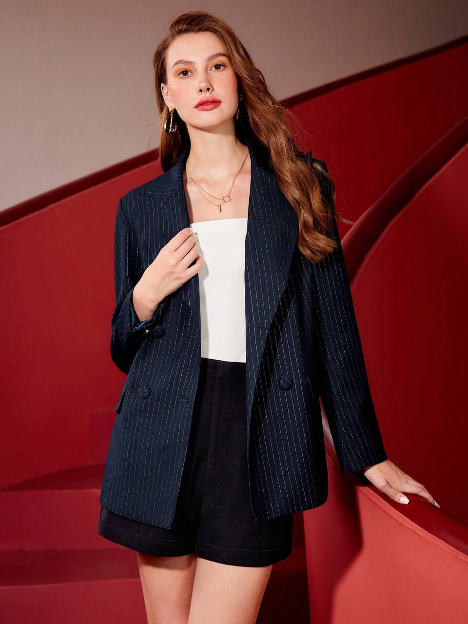 MOTF STRIPED PRINT LAPEL NECK BLAZER WITHOUT BELT