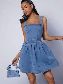 Denimoi Square Neck Pleated Denim Dress - Medium Wash - View 1
