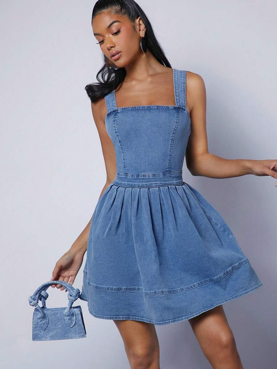 Denimoi Square Neck Pleated Denim Dress - Medium Wash - View 1