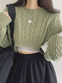 DAZY 女式绿色圆领套头针织毛衣，女士深秋休闲七分袖宽松绿色落肩套头衫女式毛衣，七分袖上衣短款女式上衣 - 綠色 - 查看 4