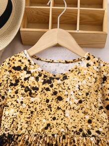 SHEIN 小女孩全印花圓領長袖連身裙 - 彩色 - 查看 3