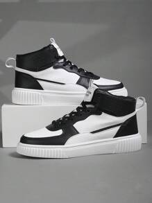 Plus Size Men's Casual High-Top Sneakers, Skateboarding Shoes - Black and White - View 3