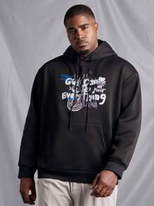 Manfinity LEGND Men's Plus Size Letter Printed Hooded Leisure Sweatshirt With Drawstring - Black - View 1