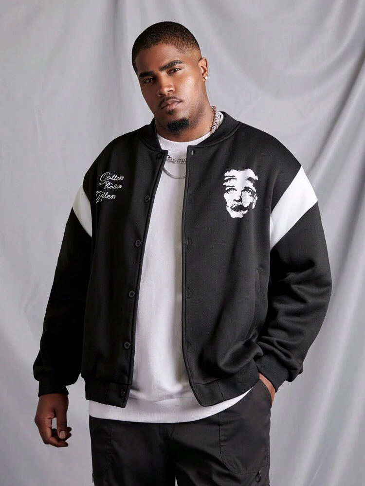 Men's Plus Size Button Up Baseball Jacket With Face Print
