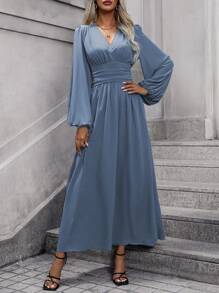 EMERY ROSE Đầm Maxi xẻ tà cao tay đèn lồng màu trơn dành cho nữ Trang phục mùa thu vải dành cho nữ - Màu xanh bụi bặm - Xem 4