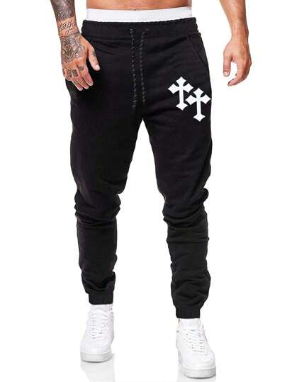 Goth Men Cross Print Drawstring Waist Sweatpants, School