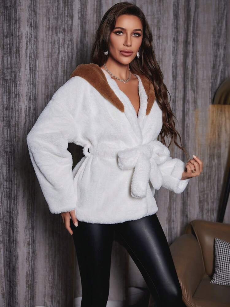 Color Blocking Hooded Coat With Collar Fall Cloth For Women