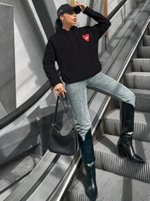 RueChic Women's Heart Pattern Hooded Sweatshirt With Drawstring - Black - View 3