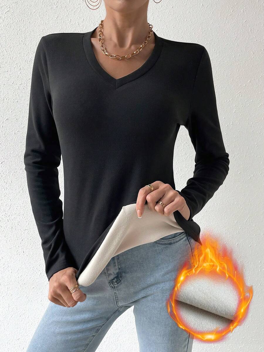 SHEIN Essnce V領長袖保暖內裡t恤 - 黑色 - 查看 1