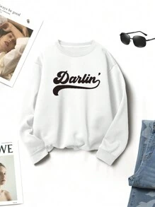 SHEIN EZwear Women's Letter Print Fleece Sweatshirt - White - View 1