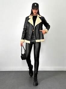 EURMUSE Lót Teddy Dây kéo Da nhìn Áo khoác moto - màu đen - Xem 3