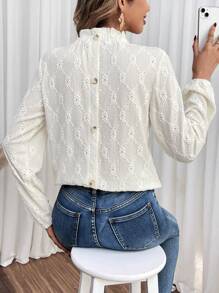 SHEIN Frenchy Women's Lantern Sleeve Shirt With Hollow Out Embroidery, Back Button Detail - Apricot - View 7