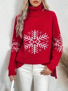 SHEIN LUNE 女款高領雪花圖案插肩袖毛衣 - 紅色 - 查看 1